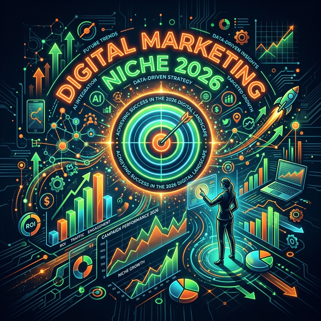 Digital Marketing Niche 2026 abstract concept with neon charts and a target